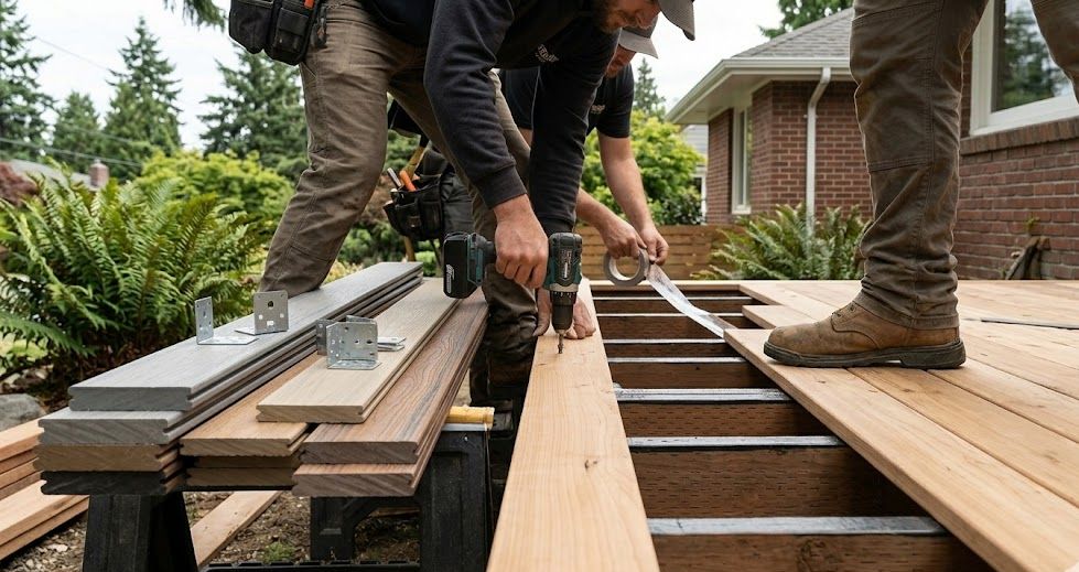 Close-up of two professional deck contractors in a Seattle backyard, carefully installing a natural cedar wood plank alongside stacked composite decking material samples.
